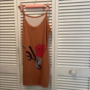 Orange / Brown Spaghetti Strap dress, Red Rose Design (S/M) “8/14  9/27”